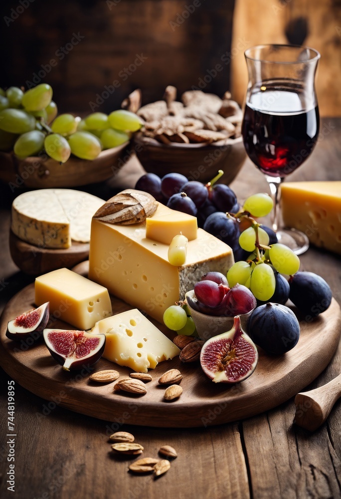 illustration, assorted cheese platter rustic wooden table surrounded fresh fruits, crackers, nuts under soft lighting, variety, texture, creamy, firm, crumbly, grapes, figs illustration, assorted cheese platter rustic wooden table surrounded fresh fruits, crackers, nuts under soft lighting, variety, texture, creamy, firm, crumbly, grapes, figs