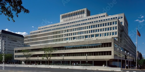 FBI and CIA concept with federal government agents ready to enforce law and order to protect democracy by any means necessary. Fictional government building location photo