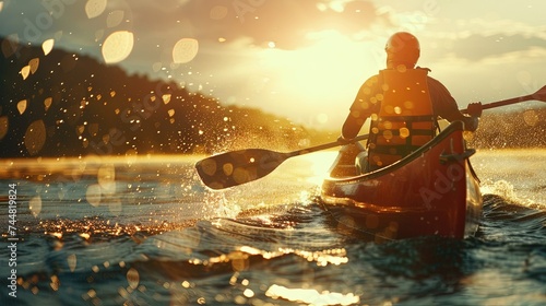 Canoeing in the water - paddling a personal boat in a river or lake during the warm summer and spring months