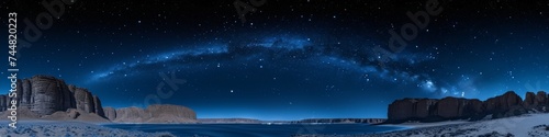 Panoramic Night Sky Over a Secluded Desert Cove, Vast Milky Way Arc Over Natural Rock Formations