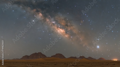 Panoramic Night Sky with a Breathtaking View of the Milky Way Over Desert Mountain Silhouettes