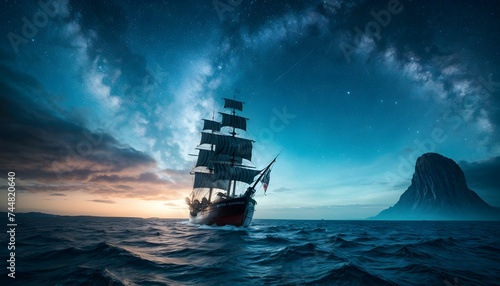 A grand sailing ship, canvases full, rides the tumultuous ocean under a starlit sky with a comet streaking overhead. The scene is a breathtaking blend of human endeavor and cosmic wonder. photo