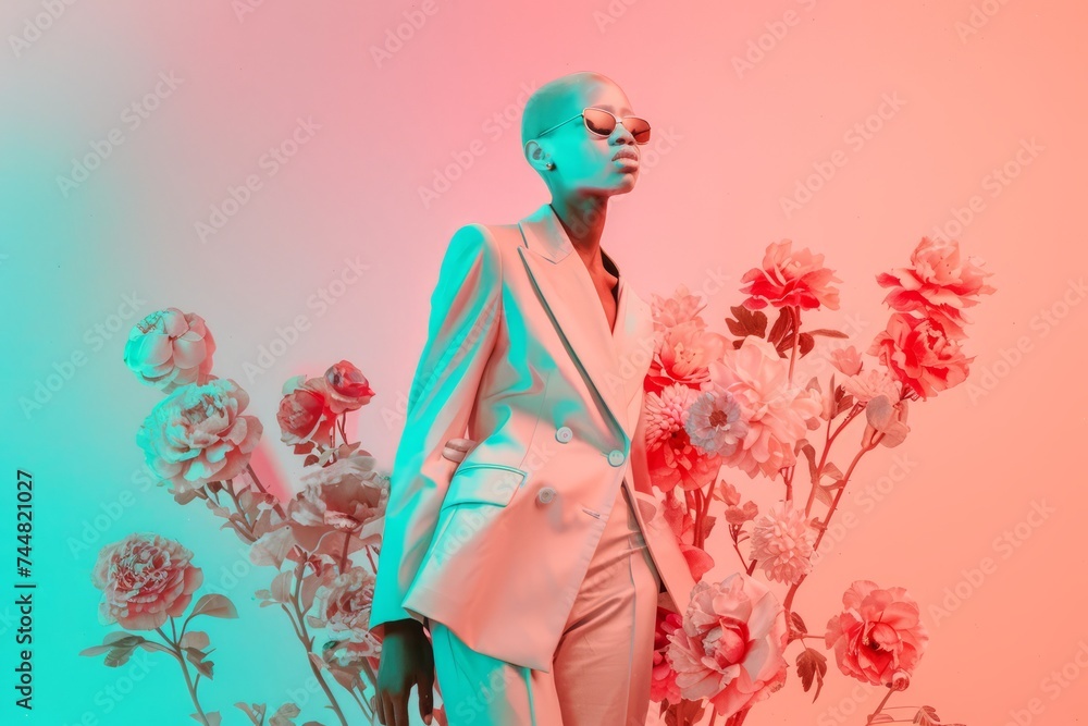 Fototapeta premium Minimal full body portrait of an albino woman wearing fashionable pastel suit with flowers. Creative love concept