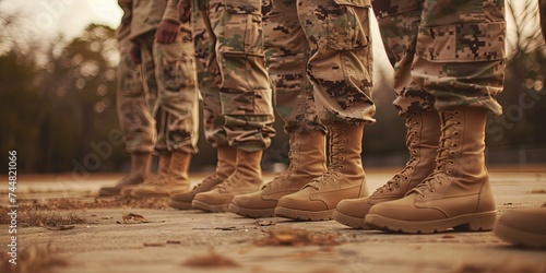 Soldiers boots in Basic Combat Training for the US military - Army, Navy, Air Force, and Marine. Recruits in camouflage uniform working out and learning the basics of military warfare and fitness. 