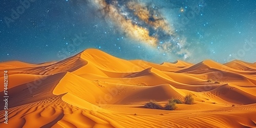 Golden Sand Dunes Under a Celestial Milky Way  Cosmic Beauty of a Starry Desert Sky at Nightfall