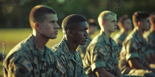 Soldiers in Basic Combat Training for the US military - Army, Navy, Air Force, and Marine. Recruits in camouflage uniform working out and learning the basics of military warfare and fitness.  photo