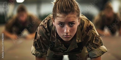 Soldiers plank in Basic Combat Training for the US military - Army, Navy, Air Force, and Marine. Recruits in camouflage uniform working out and learning the basics of military warfare and fitness. 