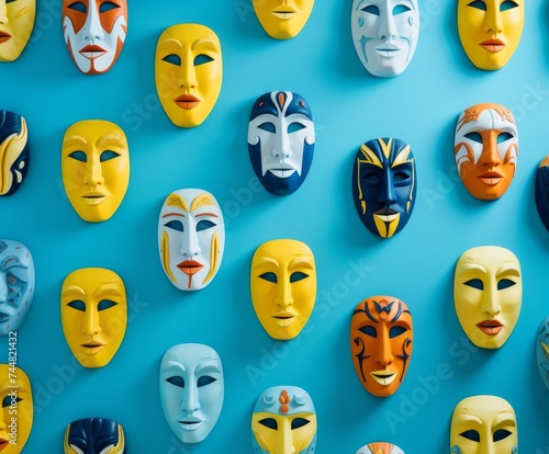 Pattern made of different masks against pastel blue background