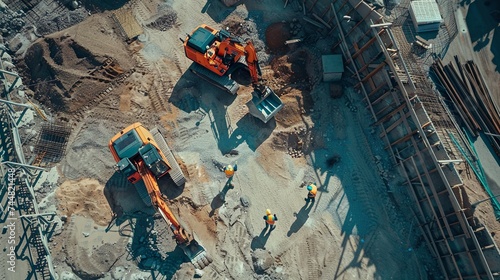 Aerial Drone Shot Of Construction Site With Excavators On Sunny Day: Diverse Team of Real Estate Developers Discussing Project. Civil Engineer, Architect, Inspector Talking And Using Tablet Computer. 