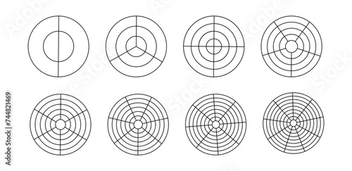 Polar grid divided template set. Radar circular graph screen. PNG Grid with concentric circles diagram chart