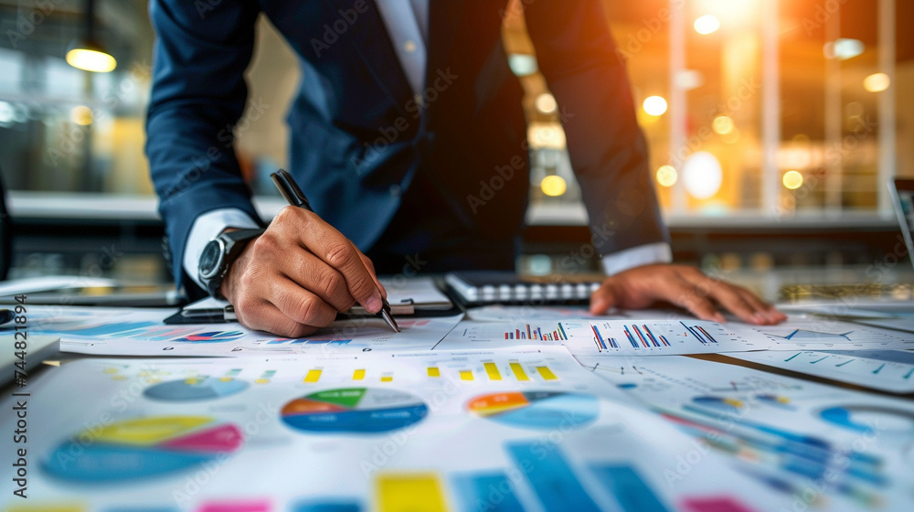 Business Analyst Reviewing Financial Charts and Graphs. Close-up of a business professional analyzing financial data with charts and graphs on a desk. Business Analyst Reviewing Financial Charts and Graphs. Close-up of a business professional analyzing financial data with charts and graphs on a desk.