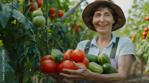 Cheerful Female Farmer Running a Small Business, Selling Sustainable Farm Fruits and Vegetables. Happy Middle Aged Woman Welcoming Shopper to Buy Natural Tomatoes and Cucumbers From a Farm © Marietimo