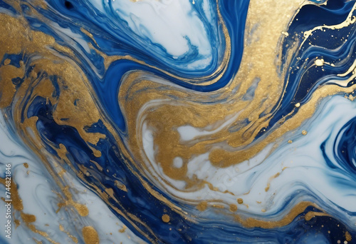 Acrylic Fluid Art Abstract marble background or texture Blue sapphire waves and gold spots curls © ArtisticLens