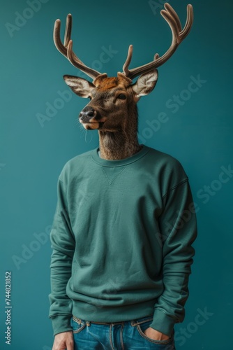 A human size deer in a trendy vintage hipster Winter sweatshirt. Abstract, illustrated, minimal portrait of a wild animal dressed up as a man in elegant clothes © Pastel King