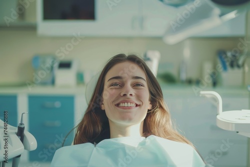 smiling european brunette woman sitting in dental chair in medical office, dentistry concept