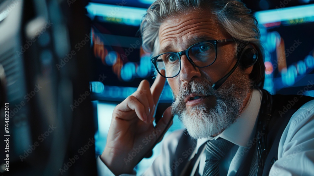 Portrait of Professional Middle Aged Trader Working on a Stock Exchange. Stylish Adult Man Communicating Buy and Sell Orders on a Call and Showing Hand Signals to an Arbitrage Broker - obrazy, fototapety, plakaty 