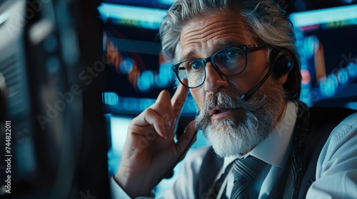 Portrait of Professional Middle Aged Trader Working on a Stock Exchange. Stylish Adult Man Communicating Buy and Sell Orders on a Call and Showing Hand Signals to an Arbitrage Broker