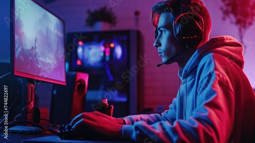 Intense Male Gamer Playing Competitive Video Game at Night © Anna