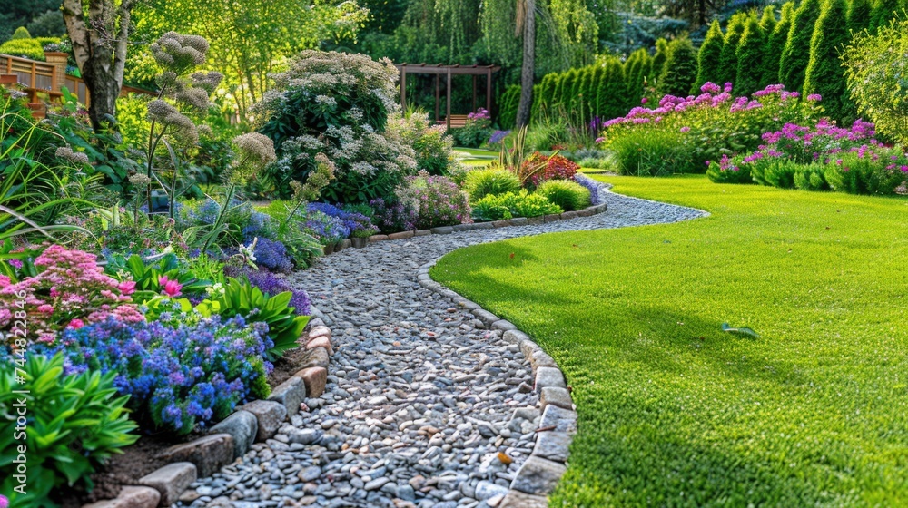 landscape garden design with green manicured lawn, beautiful flower beds and path at park.