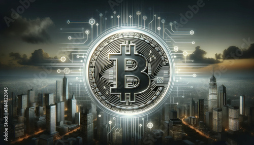 Bitcoin Emblem Overlooking Futuristic Cityscape