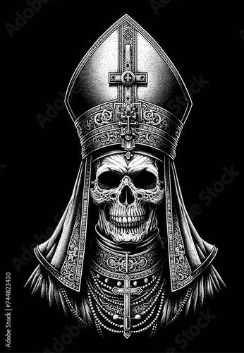 Skeletal Bishop with Mitre and Cross Regalia in Dotwork Style