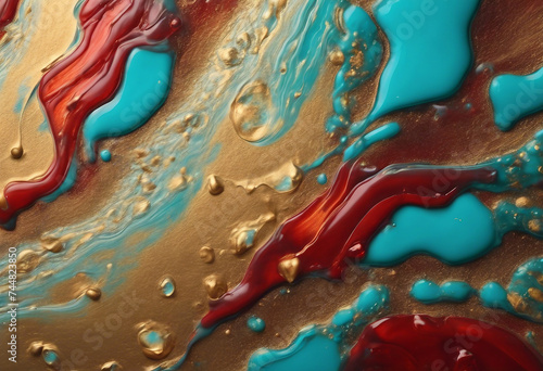 Acrylic Fluid Art Spots of red gold and aquamarine waves Abstract stone background or texture