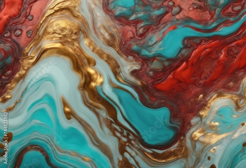 Acrylic Fluid Art Spots of red gold and aquamarine waves Abstract stone background or texture photo