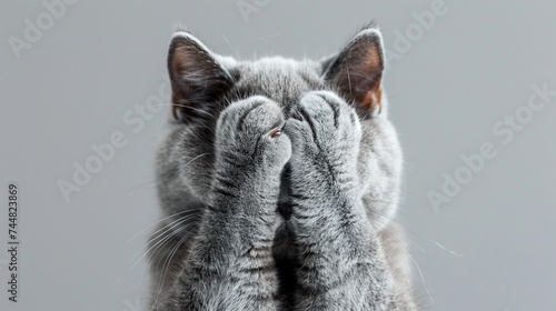 Shy cat, worried cat, depressed poor kitty, unhappy chubby British short hair kitten isolated on gray background, concept of mental health, depression, anxiety, shy and anti social.