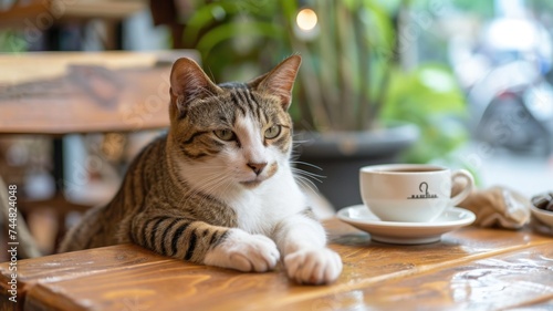 Charming Cat Lounging at a Cat Cafe with a Cup of Coffee