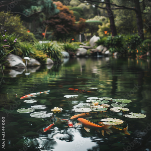 Serene Koi Pond with Lush Greenery and Water Lilies
