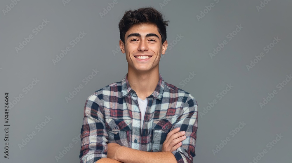 Portrait of a handsome young man smiling and looking at the camera. He is wearing a plaid shirt and has his arms crossed. - obrazy, fototapety, plakaty 