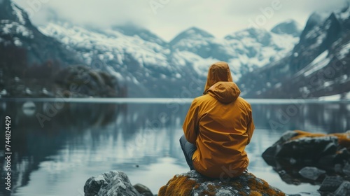 A person in a yellow jacket is sitting on a rock in front of a lake. The lake is surrounded by snow-capped mountains.