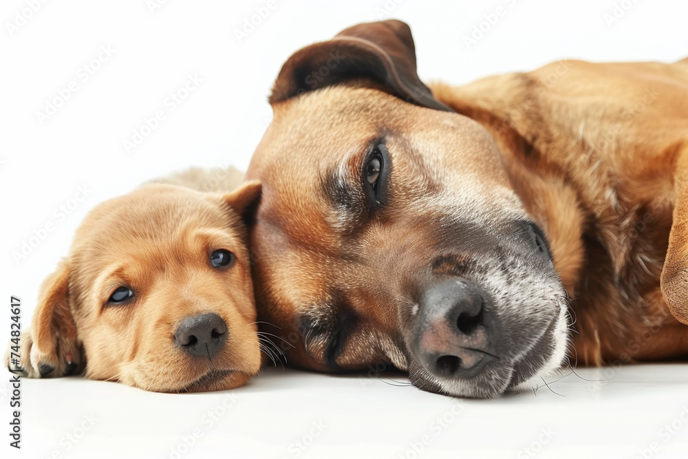 A portrait of two adorable, friendly dogs, one adult and one puppy, lying together indoors. A portrait of two adorable, friendly dogs, one adult and one puppy, lying together indoors.