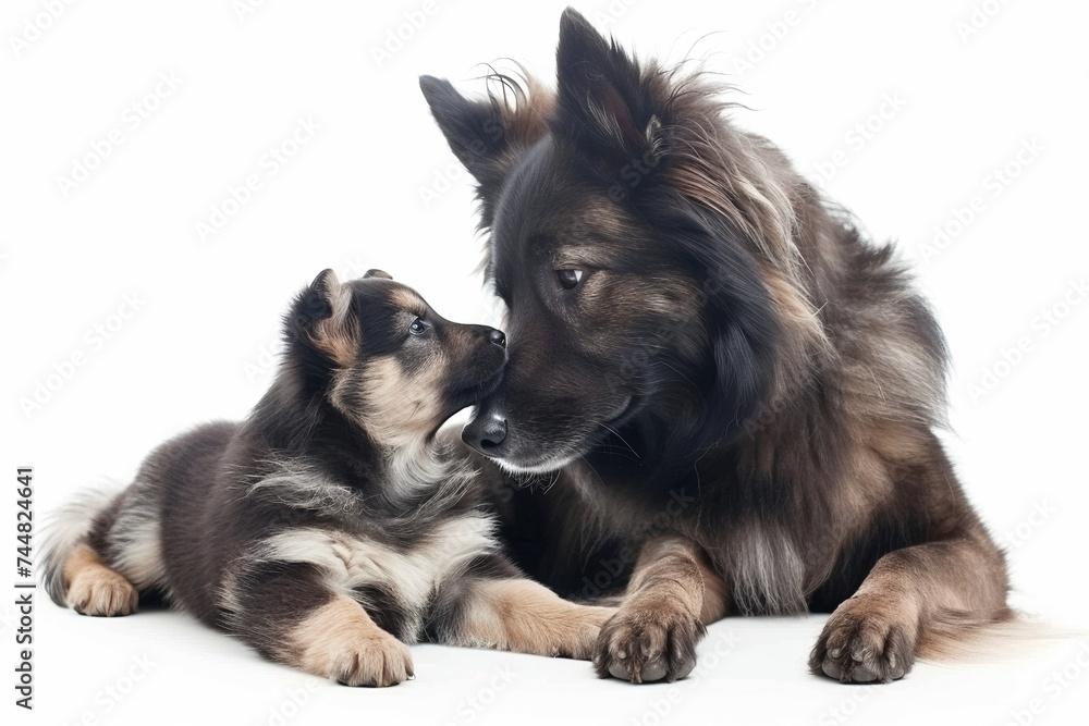 In a studio portrait, a lovely little puppy and fluffy dog sniff together, showcasing adorable interspecies friendship.