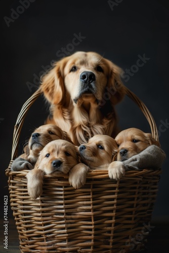 In a glamorous studio portrait, a gorgeous golden retriever litter of cute puppies rests together.
