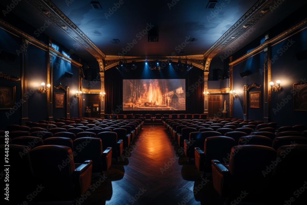 An empty vintage theatre auditorium with red velvet seats and ornate gold decorations. The screen is glowing with a bright light, creating a mesmerizing ambiance in the grand hall.