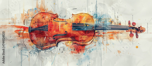 Classical Violin White Background - Watercolor Wash technical drawing abstract Illustration concept for Music Event, Poster, Promotional material, Invitation, Wall Art, App, Brand Identity