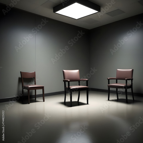 Interrogation room  non-empty chair in the center and a light. Sad scene. Image created by AI.