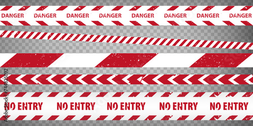 Red and white police stripe border, construction, danger, closed, no entry tapes set. Set of danger caution grunge tapes.  Warning signs for your  design on transparent background. EPS10