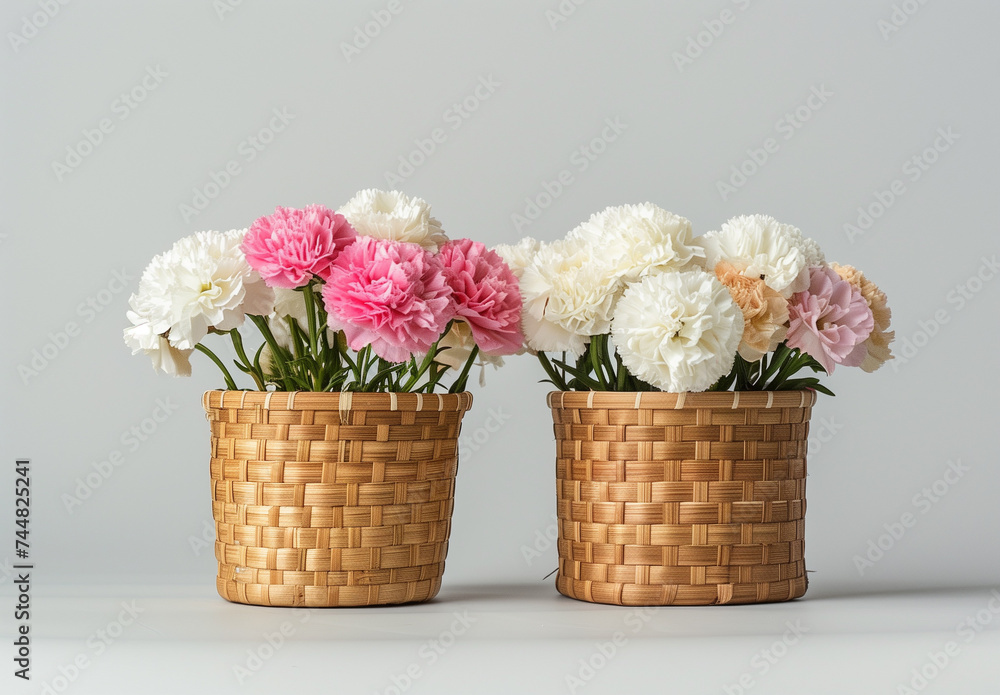 Spring flowers, carnations, gift, wicker basket, mother's day, gift for mom, gift for mum, pretty flowers, colourful, home decor, home decorations, bouquet of flowers, flower bouquet, 