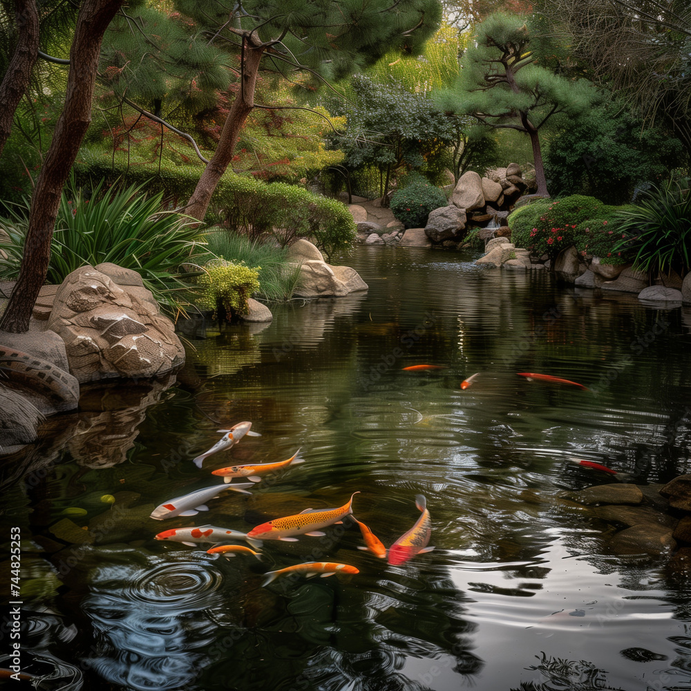 Serene Koi Pond in Lush Garden Setting Serene Koi Pond in Lush Garden Setting