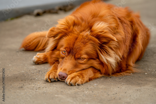 A serene auburn-furred dog lying down © Natalya