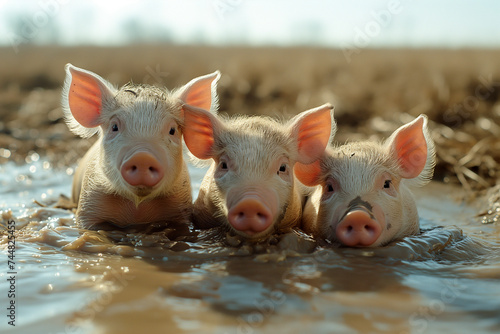Trio of Piglets Enjoying Mud Play