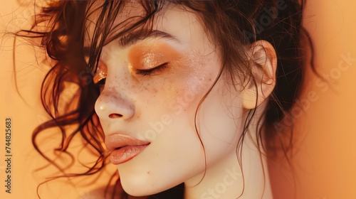 Model face wearing orange glittery eye shadow, messy brown hairs on a orange background.