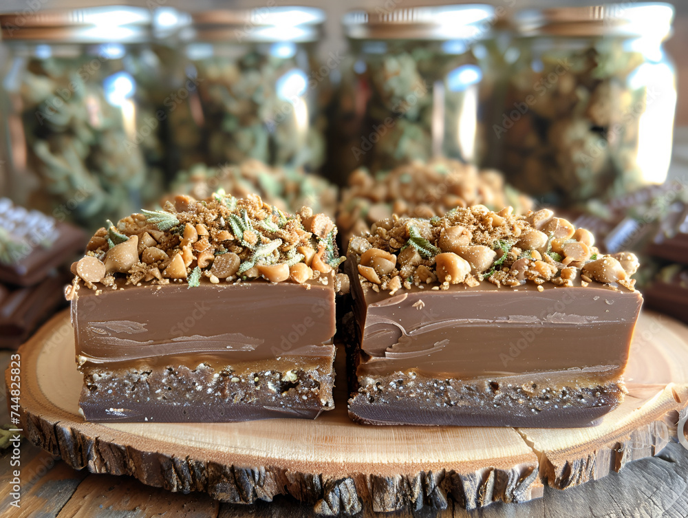 Cannabis-topped chocolate bars on a wooden slice, jars of herbs in background