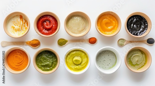 A flat lay composition features an arrangement of bowls filled with healthy baby food, set against a clean white background. 