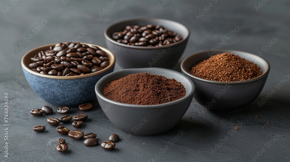 Roasted coffee beans, finely ground coffee, and instant coffee are artfully arranged in bowls against a dark background Roasted coffee beans, finely ground coffee, and instant coffee are artfully arranged in bowls against a dark background