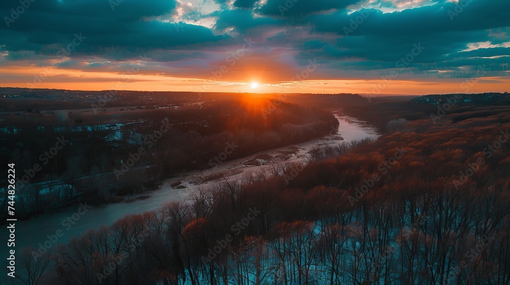 A bird's-eye view reveals a breathtaking sunset casting its warm, dramatic colors over forested hills, creating a scene of serene beauty and natural splendor.