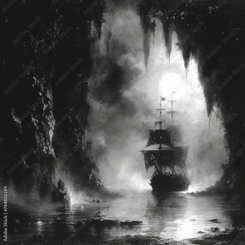 Atmospheric Black and White Scene of a Ship Sailing Through Misty Waters Surrounded by Rocky Cliffs Atmospheric Black and White Scene of a Ship Sailing Through Misty Waters Surrounded by Rocky Cliffs