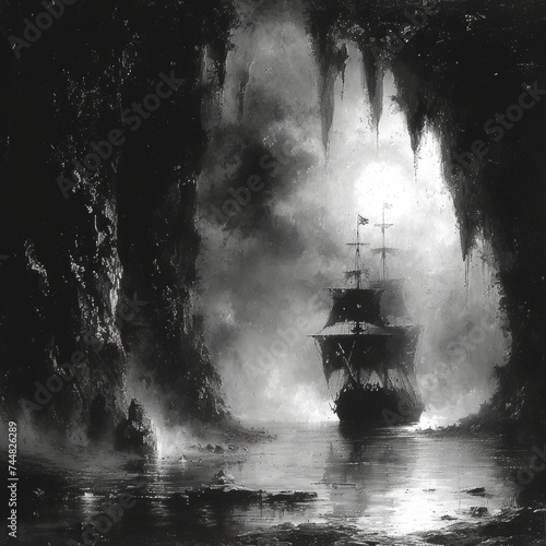 Atmospheric Black and White Scene of a Ship Sailing Through Misty Waters Surrounded by Rocky Cliffs